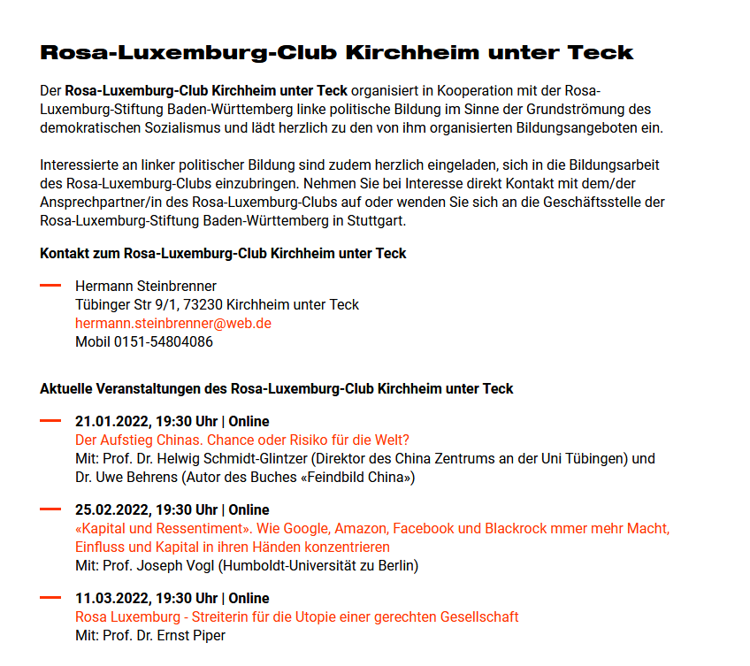 Erstes öffentliches Treffen des Rosa-Luxemburg-Clubs Kirchheim