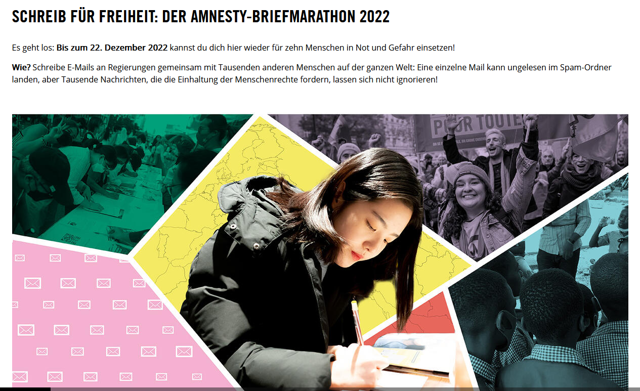 Briefmarathon von Amnesty International zum Tag der Menschenrechte, Samstag 10. Dezember 2022