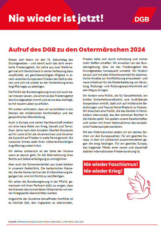 Ostermarsch 2024 - Der DGB ruft auf, informiert und diskutiert